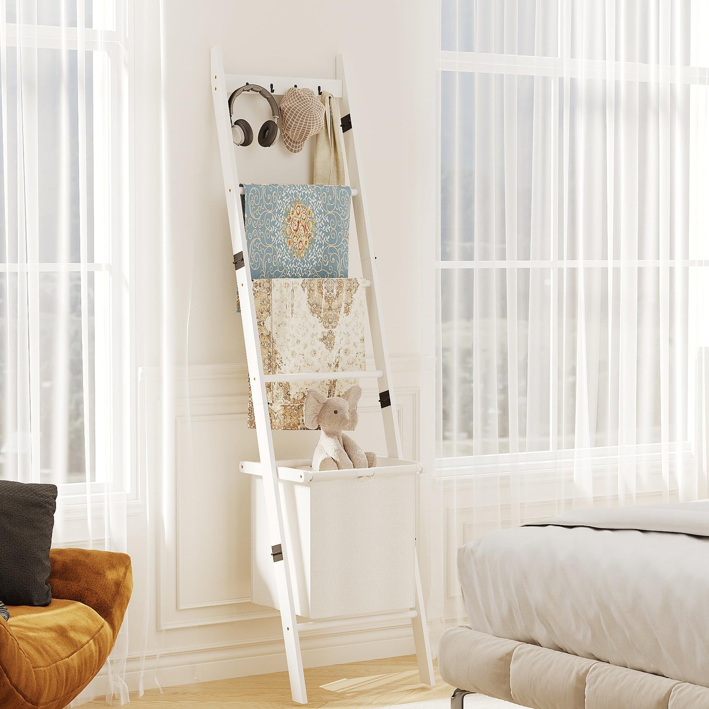 Bamboo Blanket Ladder with Basket, 5-Tier Quilt Rack Stand with 4 Hooks & Storage Hamper for Living Room Bathroom, Wall Leaning Decorative Ladder Shelf for Blankets Display (White)