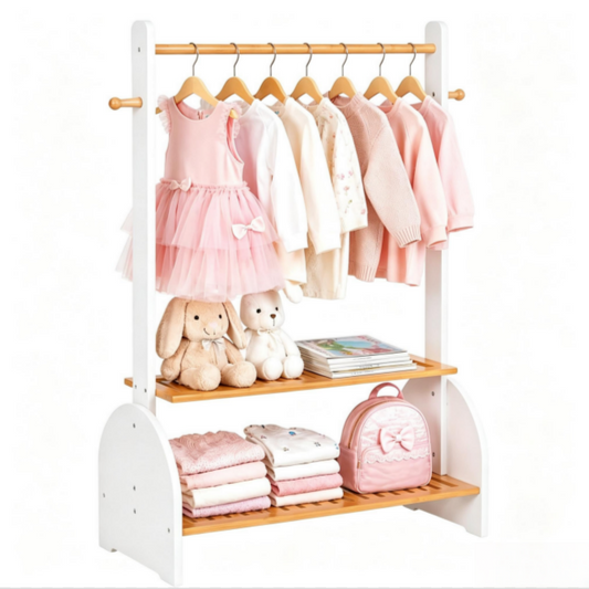 Adjustable Kids Clothing Rack with 2 Shelves – Wardrobe Closet for Toddlers & Nursery (White)