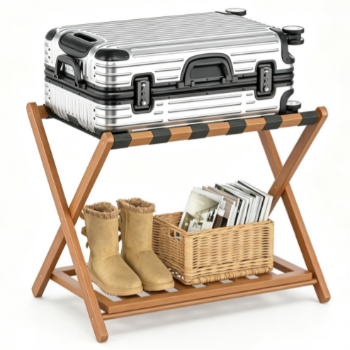 Bamboo Luggage Rack with Storage Shelf – Folding Suitcase Stand for Hotel and Guest Room (Tea Brown)