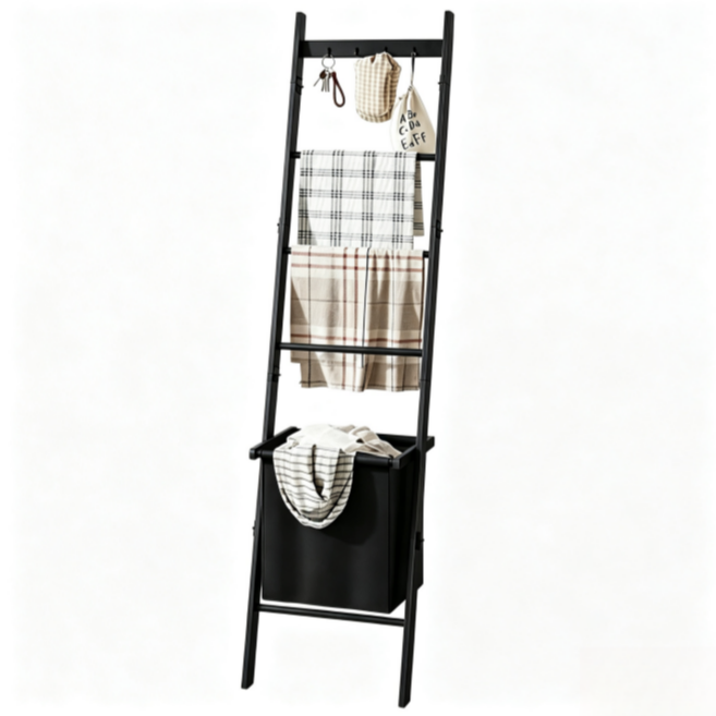 5-Tier Bamboo Blanket Ladder with Storage Basket - Wall-Leaning Quilt Rack & Towel Stand (Black)
