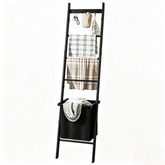 5-Tier Bamboo Blanket Ladder with Storage Basket - Wall-Leaning Quilt Rack & Towel Stand (Black)